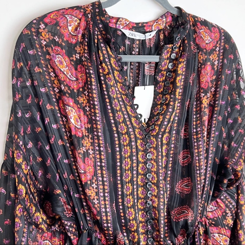 New Zara Paisley Blousy Mini Dress XS Balloon Sleeves Black - Picture 2 of 8